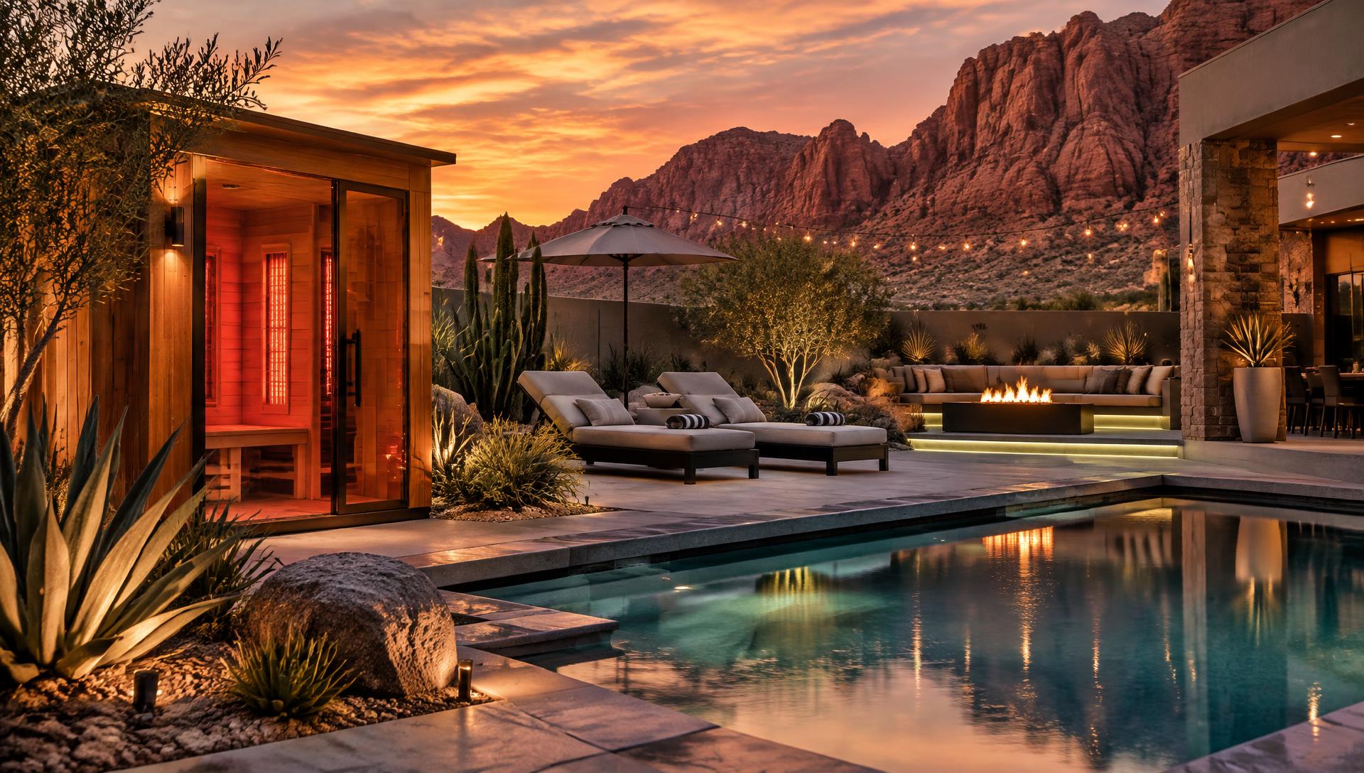 Desert-modern backyard with red light therapy sauna, pool and fire pit beneath red rock cliffs