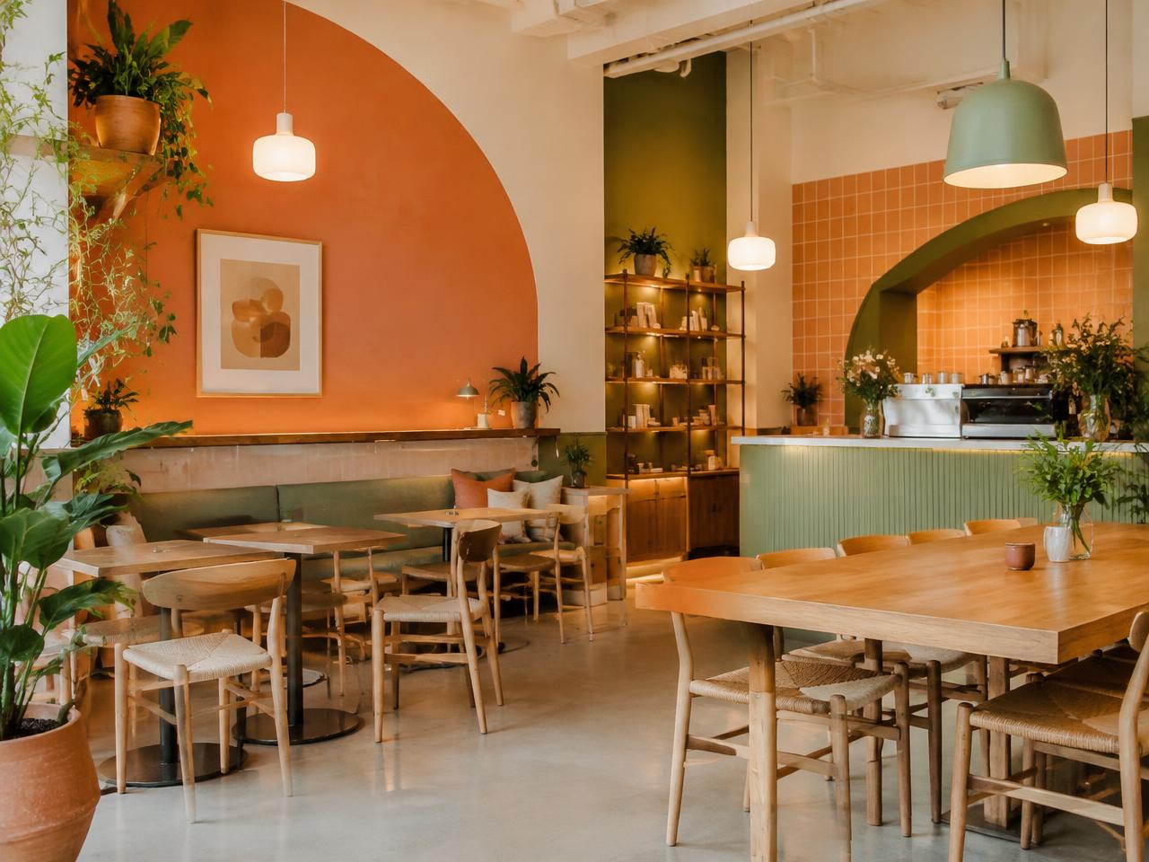 Terracotta and sage café interior