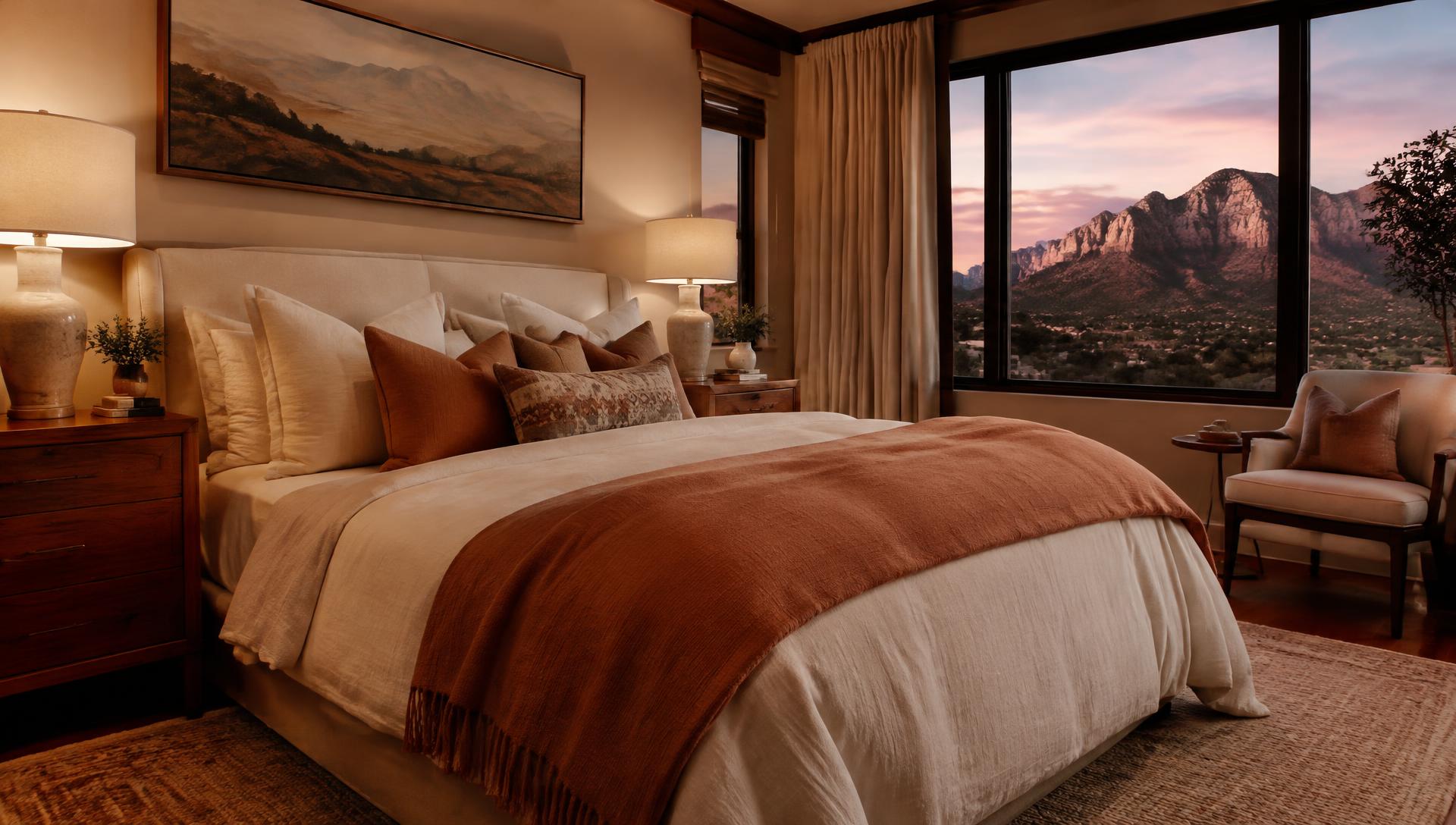 Cozy vacation rental bedroom with red rock view