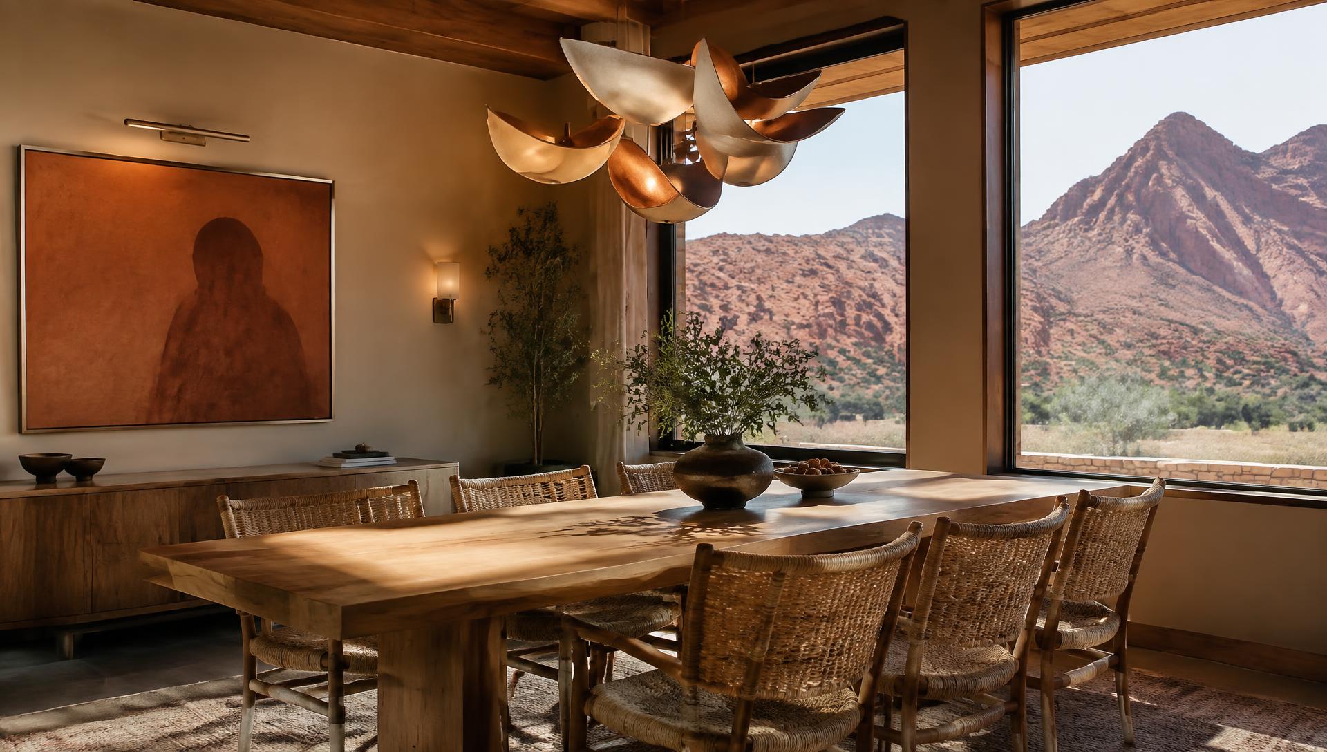 Warm dining room designed in desert-modern style